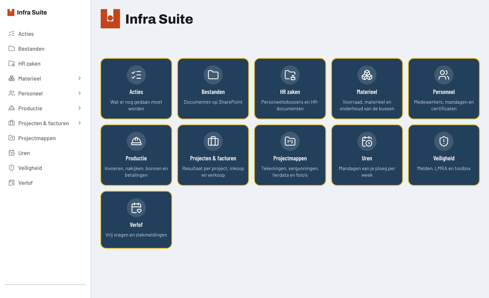 Infra Suite op de laptop: het beginscherm met tegels voor Acties, Bestanden, HR zaken, Materieel, Personeel, Productie, Projecten & facturen, Projectmappen, Uren, Veiligheid en Verlof